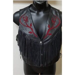 Black Leather Fringe Vest with Red Rose Embroidery
